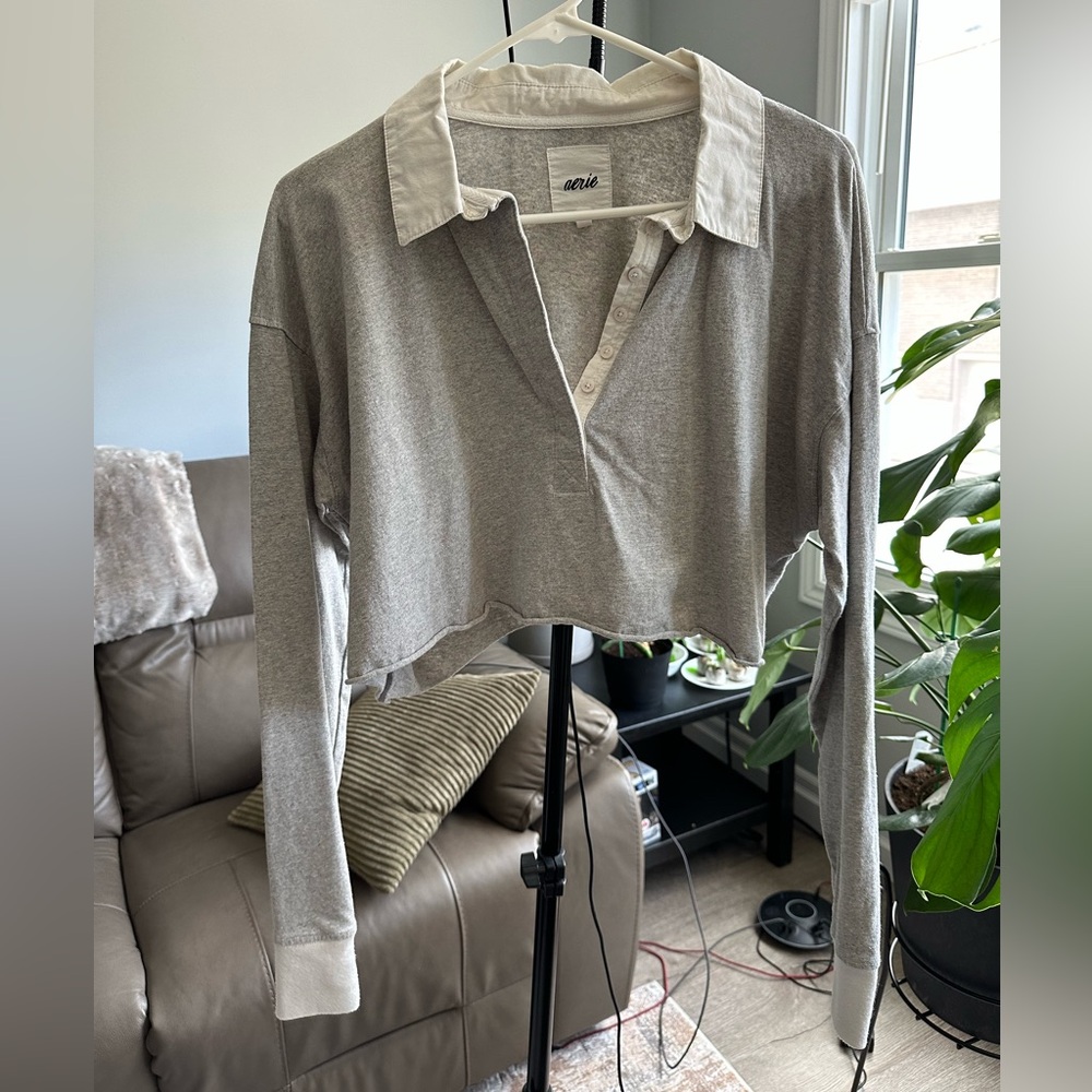 Aerie Cropped Two-Tone Polo Long Sleeve
